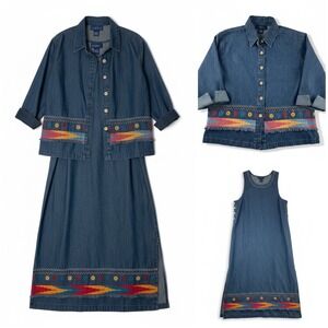 Vintage TY Original Wear Denim 2 Piece Dress Jacket Set Southwest Embroidered 14